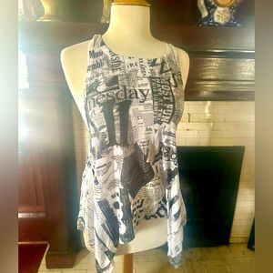 Asymmetrical newspaper print sleeveless racer back shirt top EUC